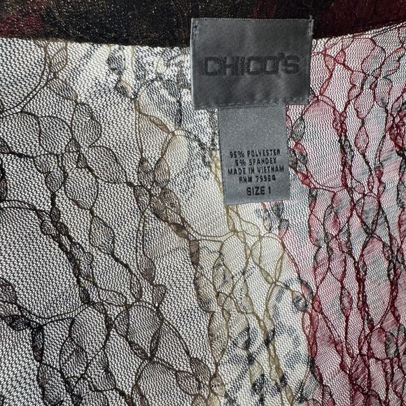 Chico's Size 1 Abstract Lace Mesh Open Cardigan Kimono Shawl Black Red Brown - Picture 8 of 8